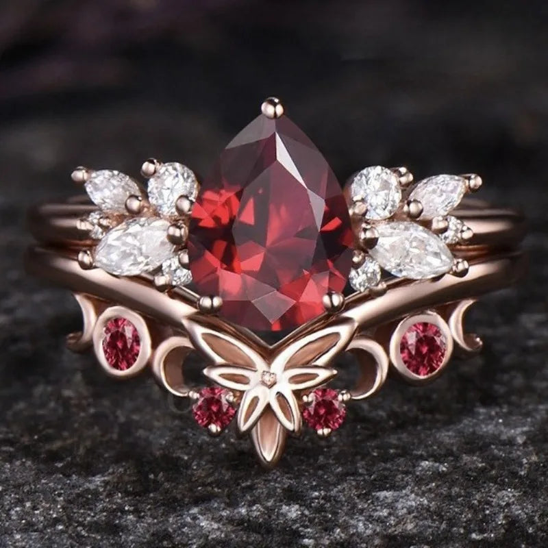 European and American Ins Style Butterfly Shaped Inlaid Pigeon Blood Red Zircon Women'S Two-Piece Ring Set