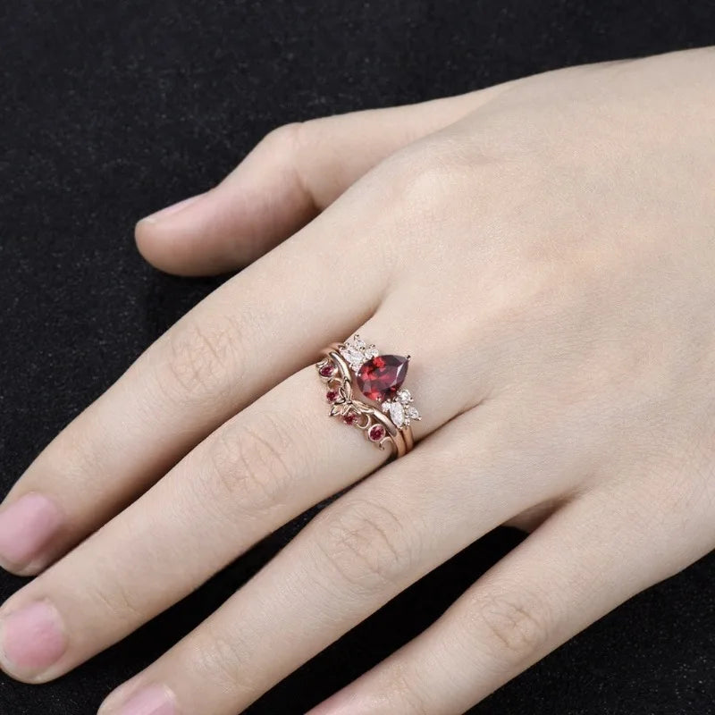 European and American Ins Style Butterfly Shaped Inlaid Pigeon Blood Red Zircon Women'S Two-Piece Ring Set