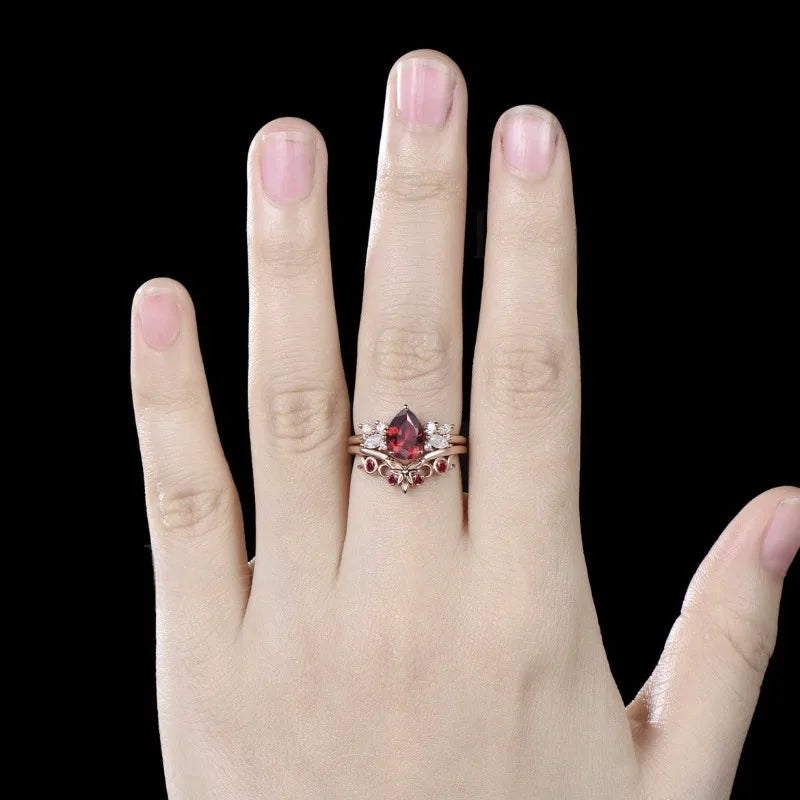 European and American Ins Style Butterfly Shaped Inlaid Pigeon Blood Red Zircon Women'S Two-Piece Ring Set