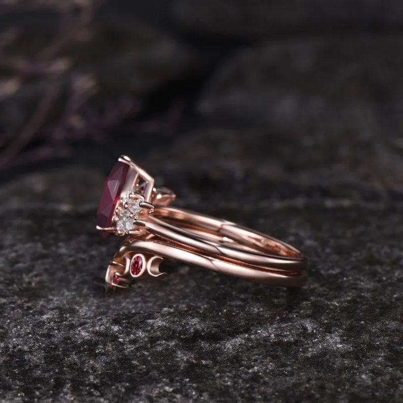 European and American Ins Style Butterfly Shaped Inlaid Pigeon Blood Red Zircon Women'S Two-Piece Ring Set