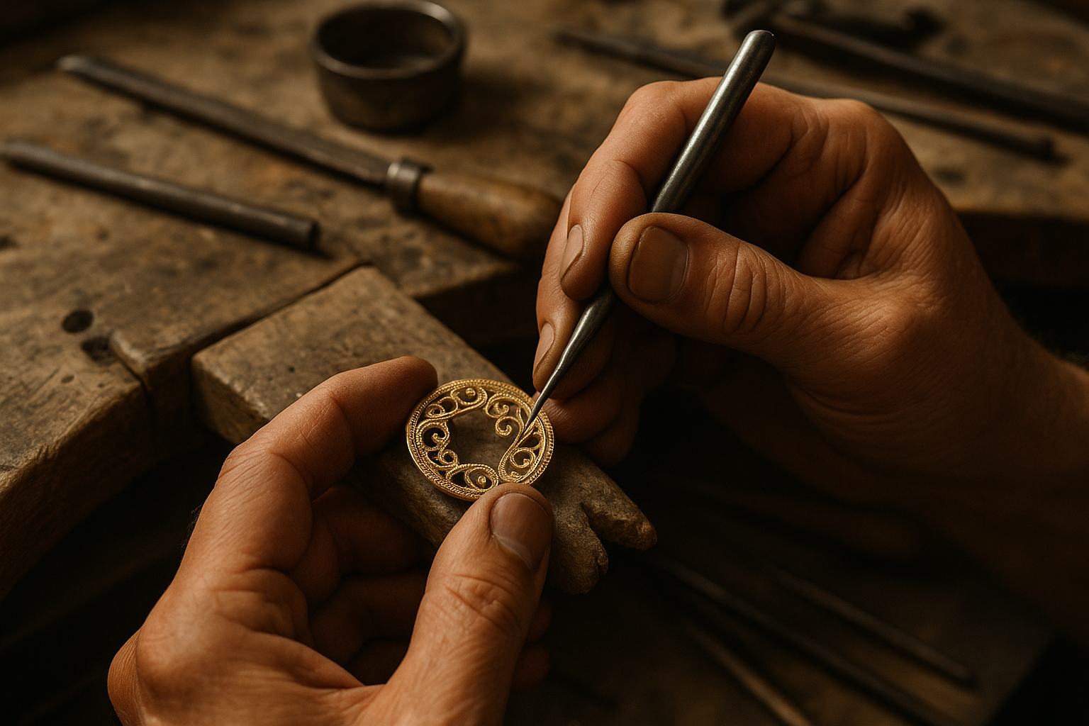 Artisan hands crafting Italian jewelry with traditional techniques and tools