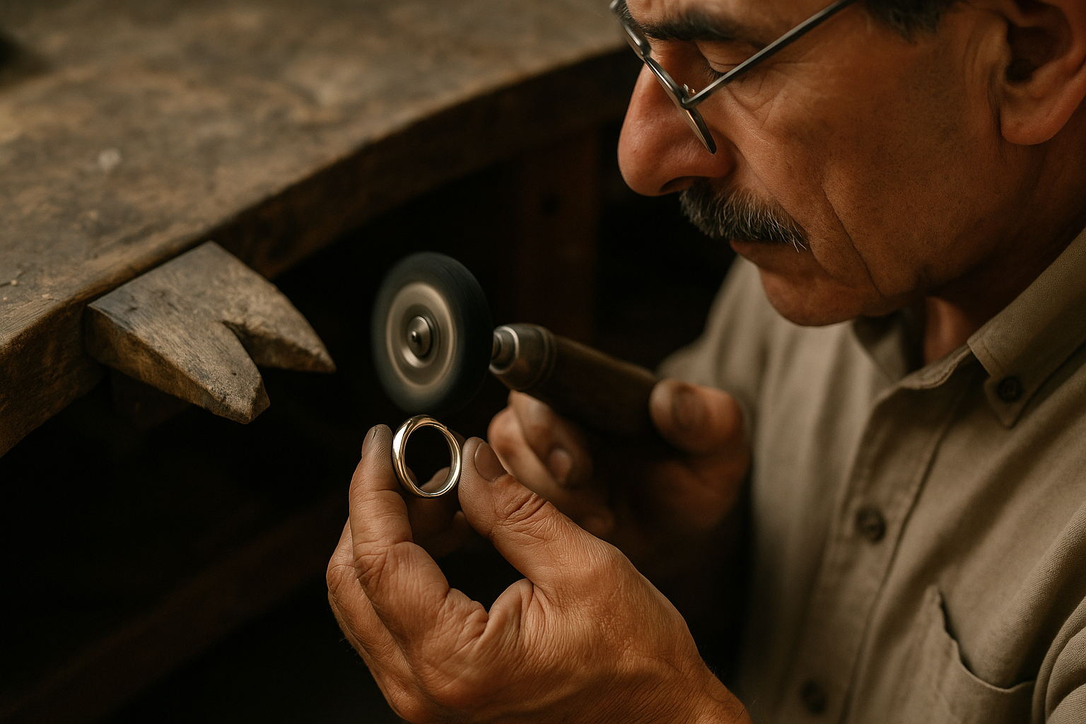 Italian jewelry artisan polishing a handcrafted piece with traditional tools