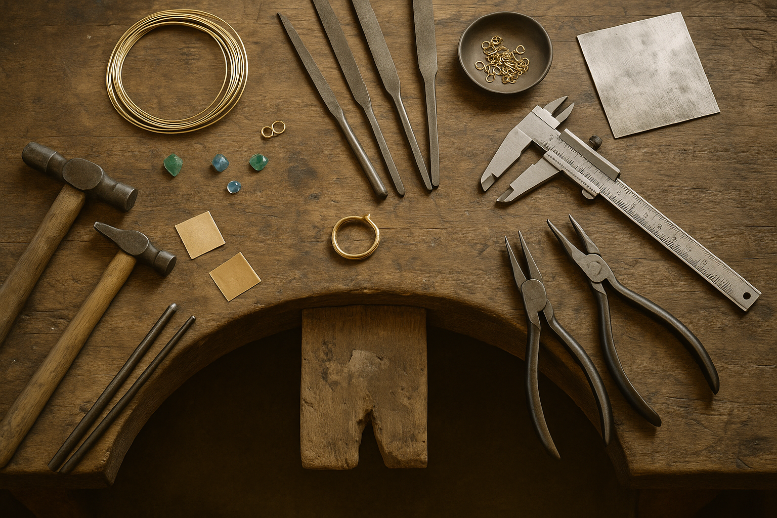 Overhead view of an Italian jewelry maker's workbench with traditional tools and materials